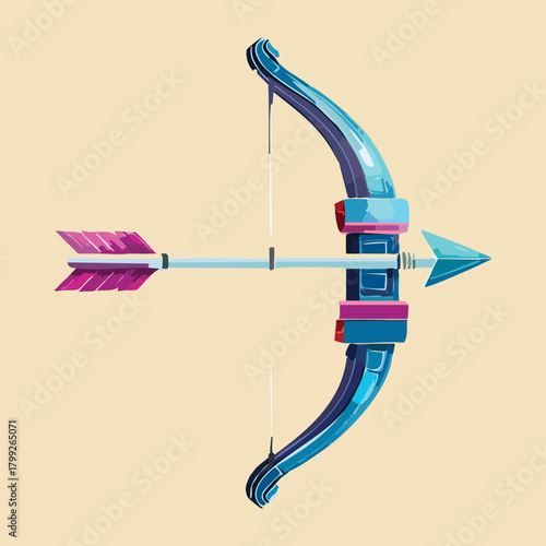 Futuristic blue recurve bow with purple arrows for cyber fantasy archer and high tech archery sport competition