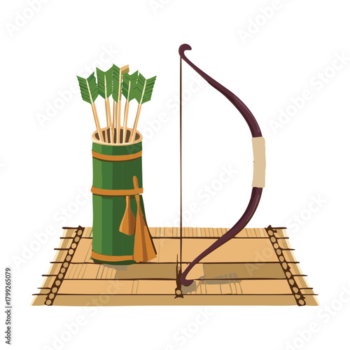 Traditional wooden bow leaning against a green arrow quiver on a bamboo mat for archery training practice