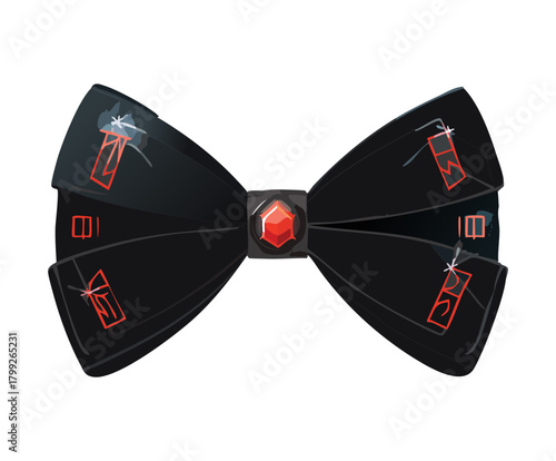 Dark ritual bow tie with glowing red runes and central gemstone for mystic formal wear and magic character