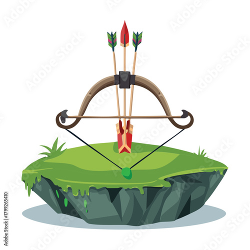 Traditional wooden bow and arrows on small floating island for fantasy game level asset and adventure quest