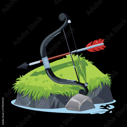 Dark tactical longbow with red arrow standing on green grass for forest hunter character and adventure game