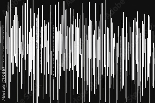 abstract vector sound wave made of vertical white lines on black background, varying bar sizes, modern design for music and technology projects