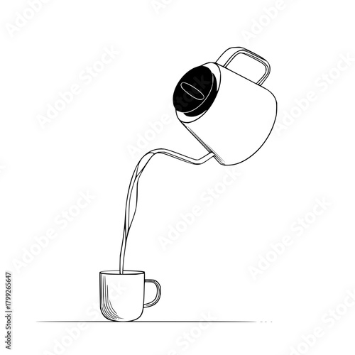 A minimalist illustration of a teapot pouring liquid into a mug on a flat surface in black and white