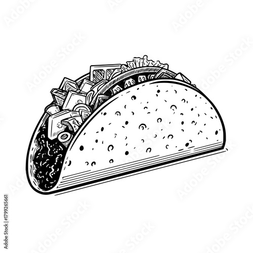 Detailed black and white illustration of a fully loaded taco with various toppings and a textured shell