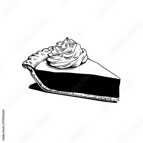 A slice of pie with a generous dollop of whipped cream sits on a white background in black and white