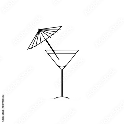 A martini glass with a drink and a small paper umbrella sticking out of it depicted in simple line art