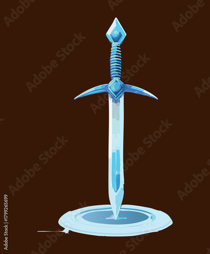 Mighty knight sword stuck in white stone platform against dark brown background for fantasy game concept art