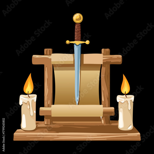 Ancient Swords Crossed on a Wooden Altar with Lit Candles Vector Illustration Ritual or Sacred Object