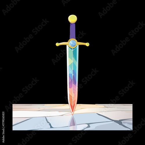Enchanting Rainbow Longsword Vector Illustration Reflecting Light on a Dark Background Magical Fantasy Weapon