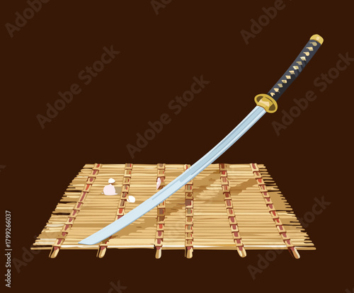 Elegant Japanese Katana Sword with Scabbard Resting on a Wooden Woven Mat Vector Illustration Samurai Weapon