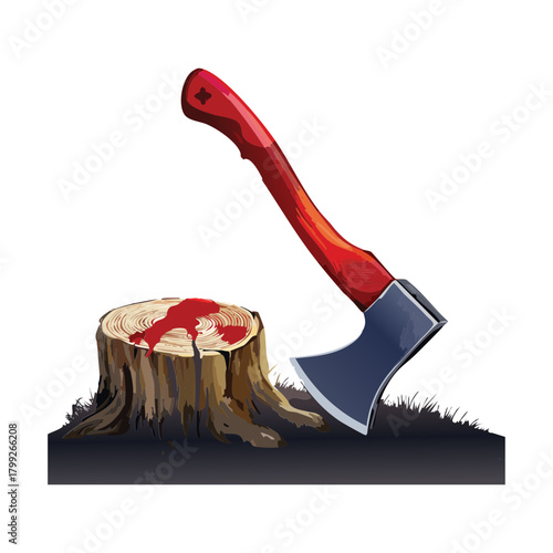 Single Hand Axe with Red Handle Stuck in a Bloody Tree Stump, Representing Danger, Violence, and Manual Labor
