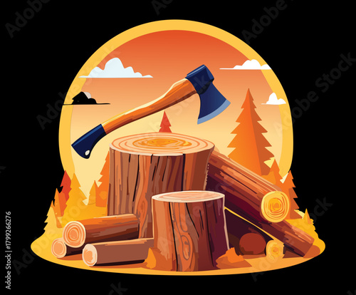Classic Axe on a Tree Stump Against a Sunset Background, Representing Woodcutting, Camping, and Outdoor Work Scene
