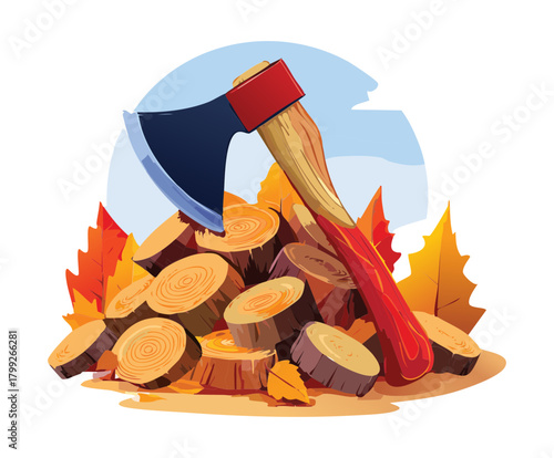 Sturdy Chopping Axe Resting on a Large Pile of Split Firewood Logs Surrounded by Autumn Leaves and Camping Supplies