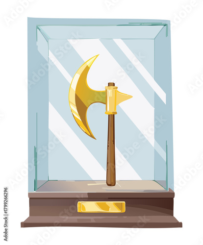 Shiny Gold Battle Axe with Wooden Handle Showcased in a Clear Glass Display Case as a Premium Gaming Asset