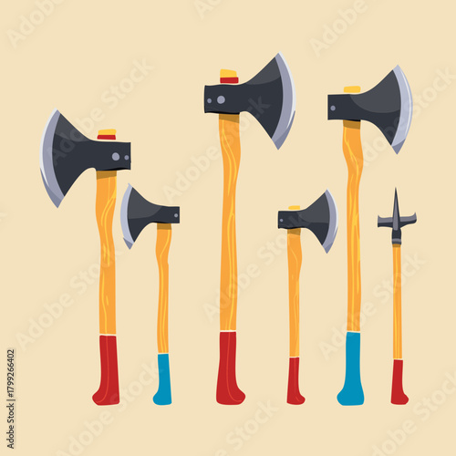 Variety of Wood Chopping Axes with Different Shapes and Sizes, Essential Tools for Forest Work, Camping, and Wilderness Survival