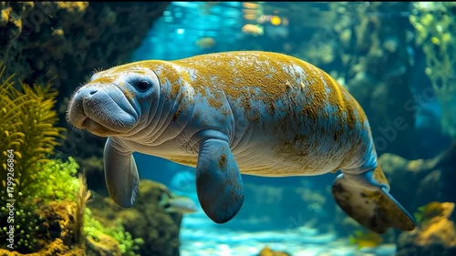 Gentle Manatee: A majestic manatee gracefully navigates the cool, clear waters of its aquatic habitat, showcasing its unique form and gentle nature.