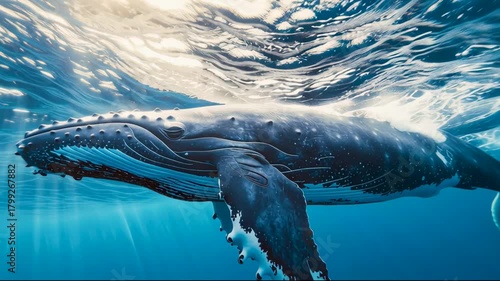 Underwater Whale Encounter: A majestic whale swims gracefully beneath the water's surface, illuminated by the sun's rays. This photo evokes feelings of awe, wonder, and the beauty of marine life.