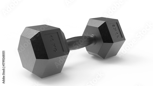 Sleek metallic black hexagonal 10 kg dumbbell with engraved wight and knurled grip. 3D render