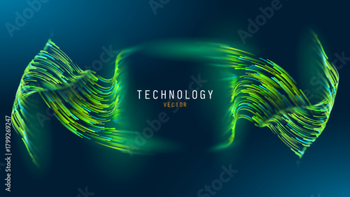Green Glowing Dots Wave Lines Abstract Background. Futuristic Energy Flow, Digital Tech, Data Stream Design, Sustainable Renewable Energy Presentation Backdrop. Green Tech and Science Vector.