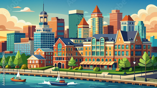 Very beautiful Hoboken waterfront architecture along the Hudson River, featuring elegant mid-rise buildings, clean promenades, and a calm riverside atmosphere under clear daylight.