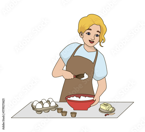 Woman smiling while preparing a baking mixture with eggs, butter, and a whisk. The vector illustration showcases a cheerful baking scene with essential ingredients on a kitchen counter.