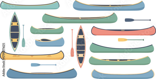 Colorful Canoes and Kayaks with Paddles in Flat Design for Outdoor Recreation