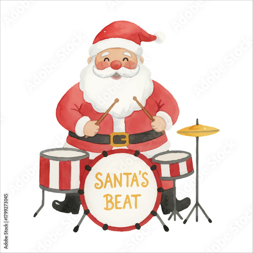 Santa Playing Drums Watercolor Vector Clipart
