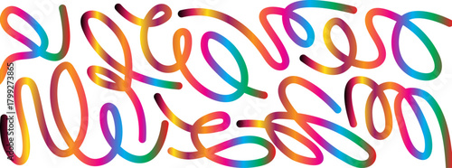 Dynamic 3D Rainbow Color Waves: Abstract Gradient Line Shapes with Wavy Patterns, Swirls and Spiral Ribbons on White Background for Modern Graphic Design.