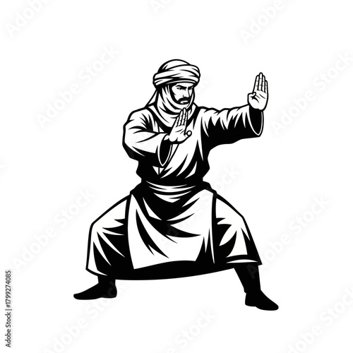 Arabic Warrior in Defensive Martial Arts Stance Mascot Logo Black and White