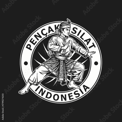 This monochrome circular emblem depicts a Pencak Silat martial artist in traditional Melayu attire performing a defensive stance, perfect for branding or apparel design.