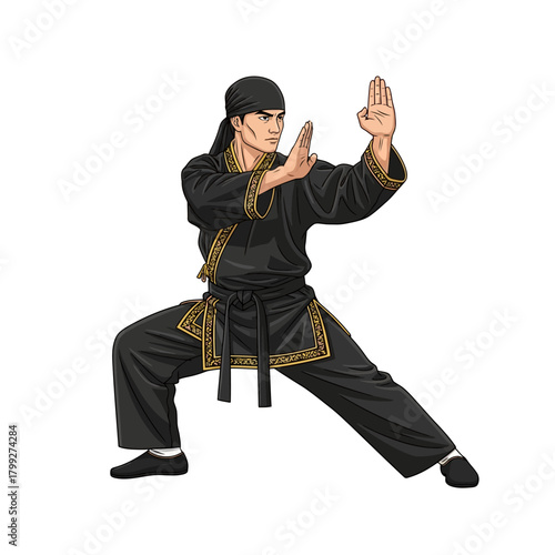 Martial Arts Master in Black Uniform Executing a Fighting Stance - Vector Illustration
