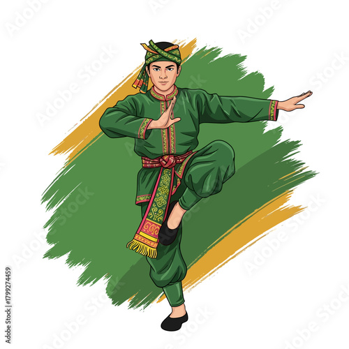 Traditional Pencak Silat Martial Artist in Green Costume Performing a Striking Stance (Vector Illustration)