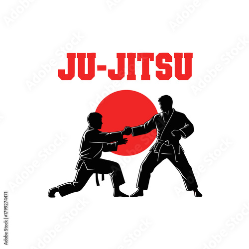 Ju-Jitsu Fighters Logo with Black Silhouettes Against Red Sun Graphic