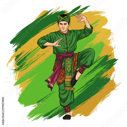 Dynamic Pencak Silat Practitioner in Traditional Green Attire Illustration