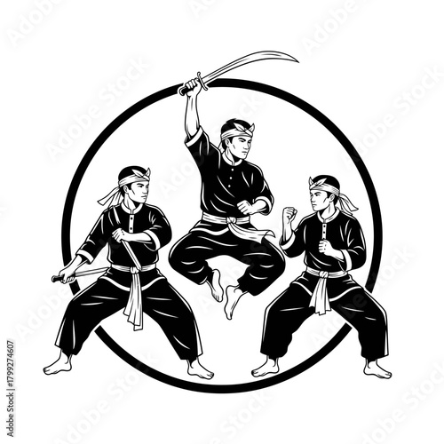 Silat Martial Arts Group in Dynamic Action Vector Illustration