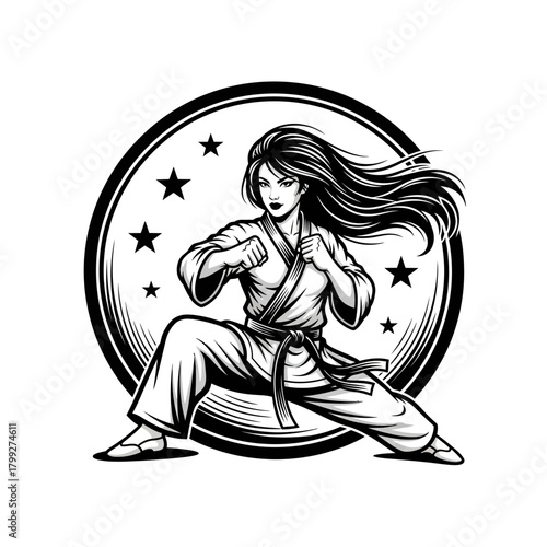 Dynamic Female Martial Arts Fighter Logo in Ready Stance
