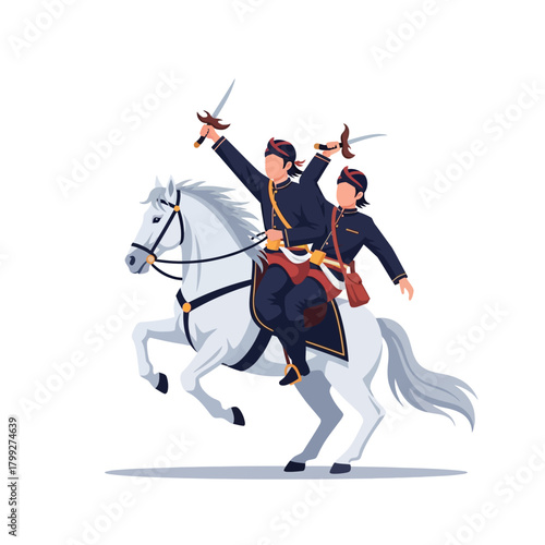 Traditional Indonesian Warriors on a Rearing White Horse Raising Swords, Vector Illustration of Historical Military or Royal Guards