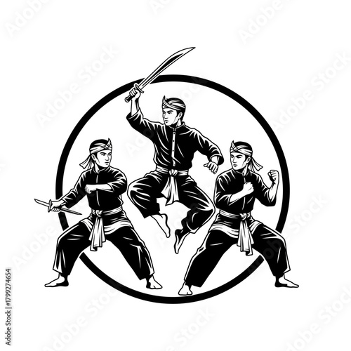 Pencak Silat Fighters Logo Illustration: Traditional Southeast Asian Martial Arts Action