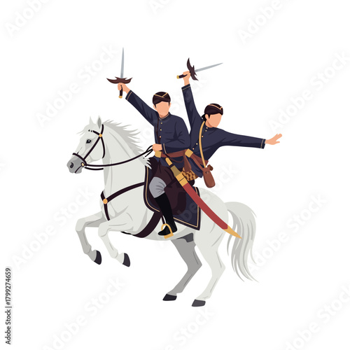 Javanese Warriors Riding White Horse Holding Swords, Traditional Indonesian Military Illustration