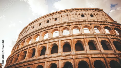 Colosseum's Grandeur: The Colosseum, a testament to ancient Roman architectural prowess, stands majestically under a partly cloudy sky, its weathered stone surfaces telling tales of history and time.