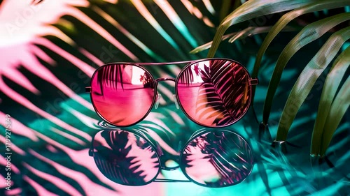 Sunglasses with Tropical Reflection: Circular sunglasses sit upon a reflecting surface, showcasing the vibrant hues of a tropical paradise, with soft shadows dancing across the scene.