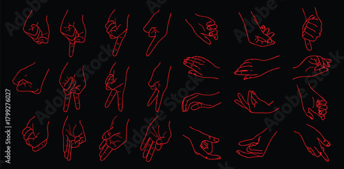 Red hand gesture line art collection on black background showing various poses and signs. Minimal continuous line drawings of expressive human hands. Modern vector illustration set for design and comm