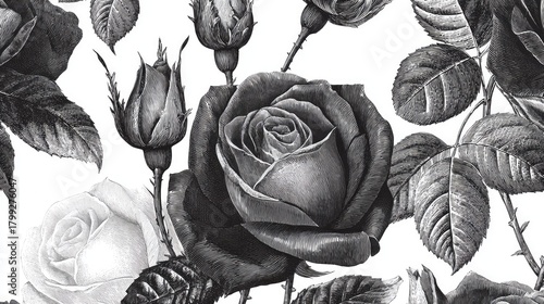 Wallpaper Mural Intricate grayscale engraving of roses and leaves creates an elegant floral pattern. Torontodigital.ca