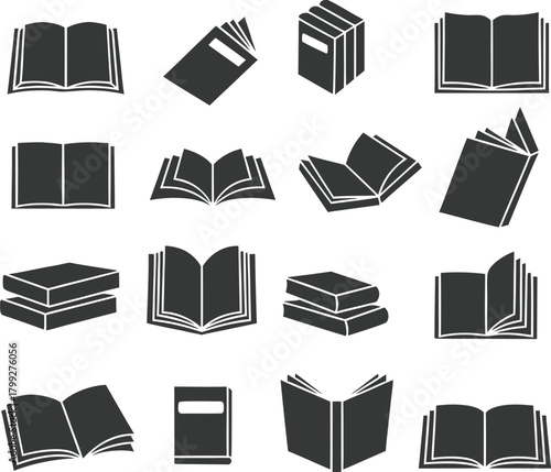 Book icon set featuring open and closed books in solid black silhouette style. Collection of reading, literature, and education symbols for design and learning themes. Modern flat vector illustration 