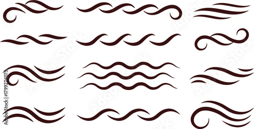 Elegant wave line ornament collection with flowing swirl and curve elements. Decorative divider and flourish design for graphic projects, invitations, and logos. Abstract wavy border vector 
