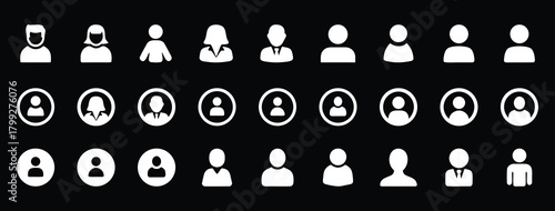 User profile avatar icon set in minimalist white style on dark background. Collection of male and female person symbols for web, apps, and interface design. Modern social media user pictogram pack.