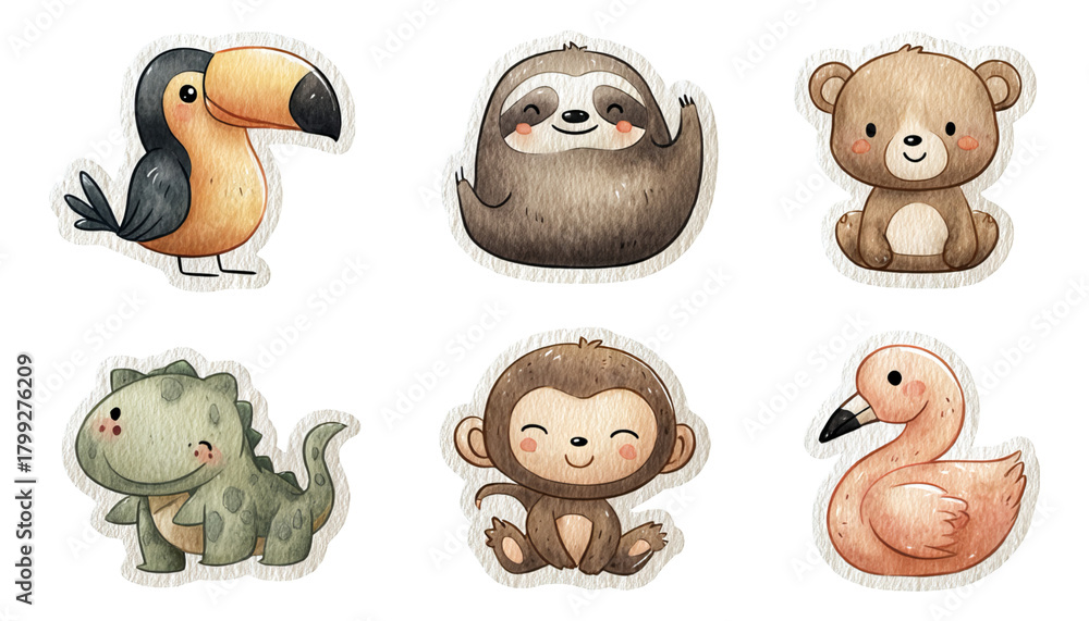 Obraz premium Cute Tropical Animals Collection Featuring Sloth, Toucan, Monkey, Bear, and More