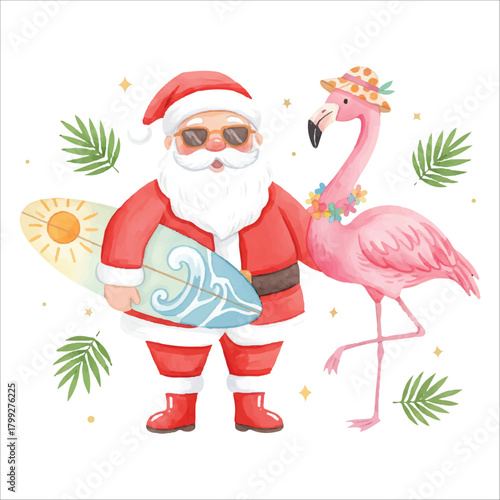 Santa Claus with Flamingo Watercolor Vector on White Background

