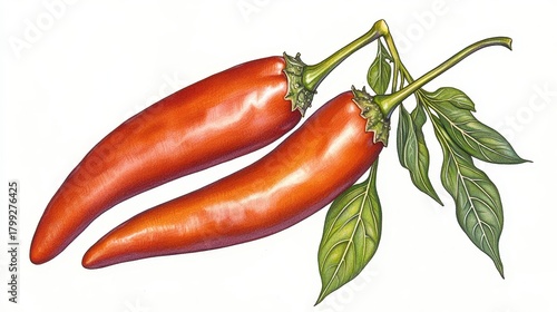 Two Red Chili Peppers with Green Leaves Botanical Illustration