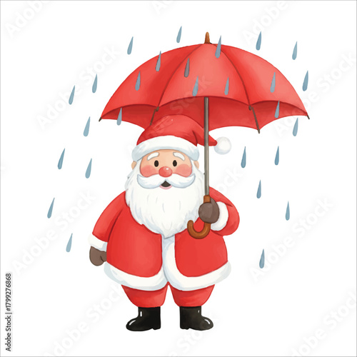 Watercolor Santa Claus holding red umbrella in rain, cute cozy Christmas vector illustration on white background
